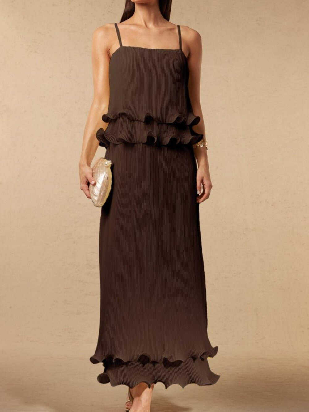 Coffee Brown Elegant Women's Pleated Multi-Layer Hem Cami Dress - Picture 3 of 7